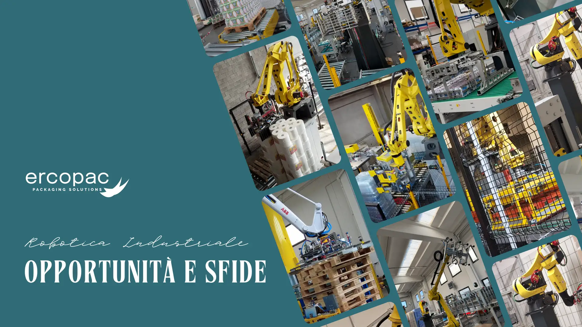 Immagine composita con diversi esempi di robot antropomorfi e cartesiani utilizzati nei sistemi di automazione Ercopac, dedicati a operazioni di pallettizzazione, fasciatura e movimentazione automatica nel settore industriale.