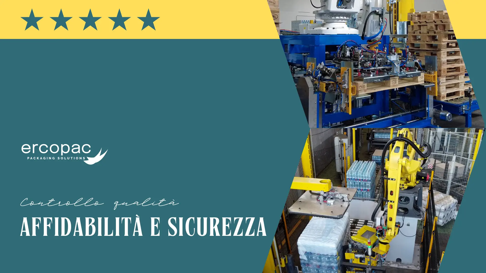 Copertina articolo “Controllo qualità: Affidabilità e Sicurezza” di Ercopac, con immagini di sistemi robotizzati per il controllo pallet e fasciatura automatizzata.