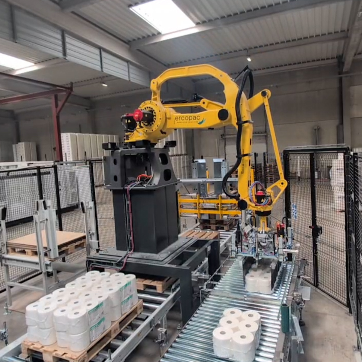 sistema automatico di pallettizzazione in cui un robot antropomorfo preleva da un nastro trasportatore dei rotoli di carta per posizionarli su un pallet