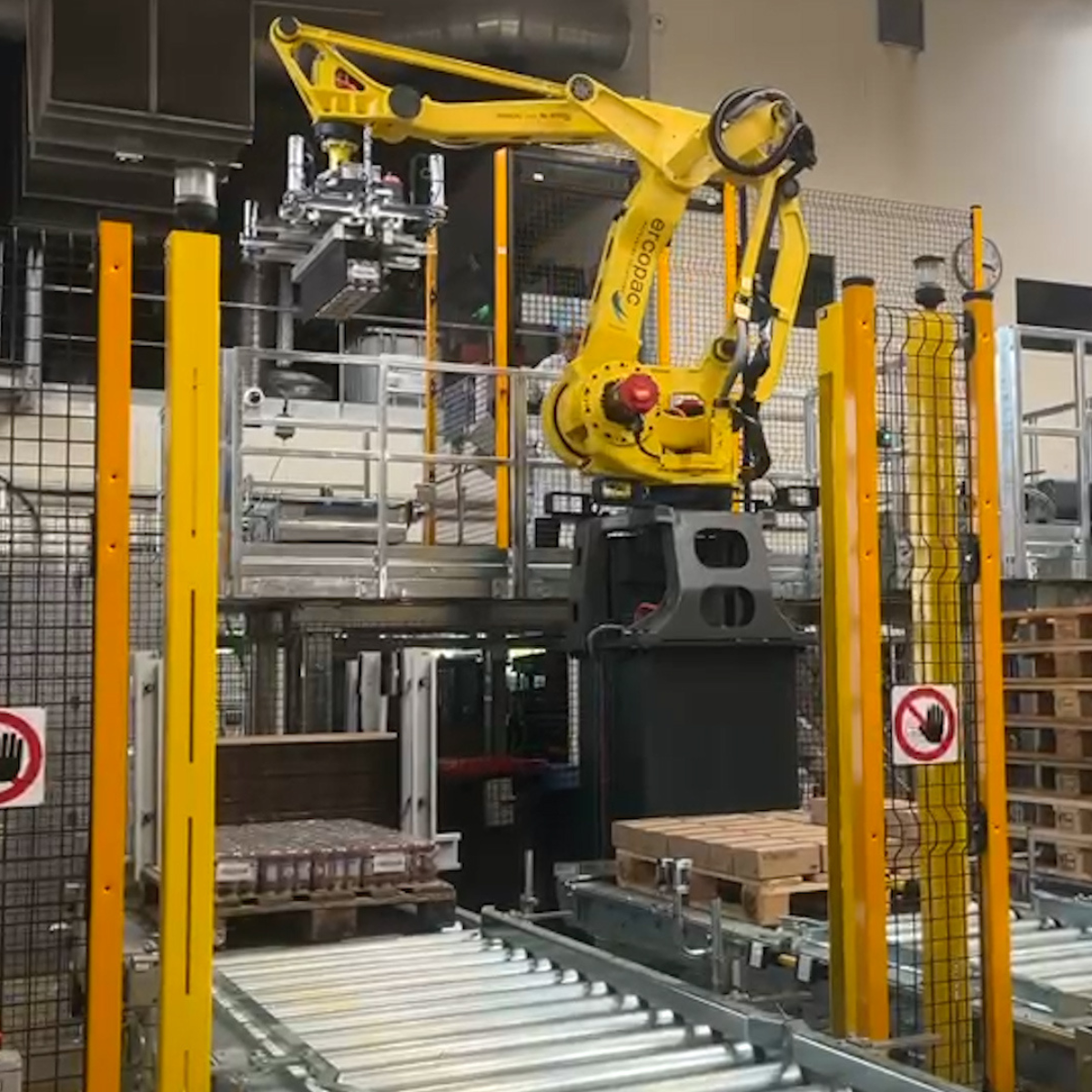 sistema automatico di pallettizzazione in cui un robot antropomorfo preleva da un nastro trasportatore dei barattoli per posizionarli su un pallet