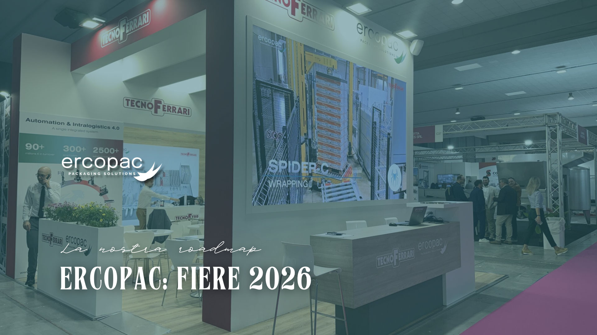fiere internazionali 2026: Stand Ercopac e TecnoFerrari durante una fiera internazionale con visual dedicato alla roadmap fiere 2026