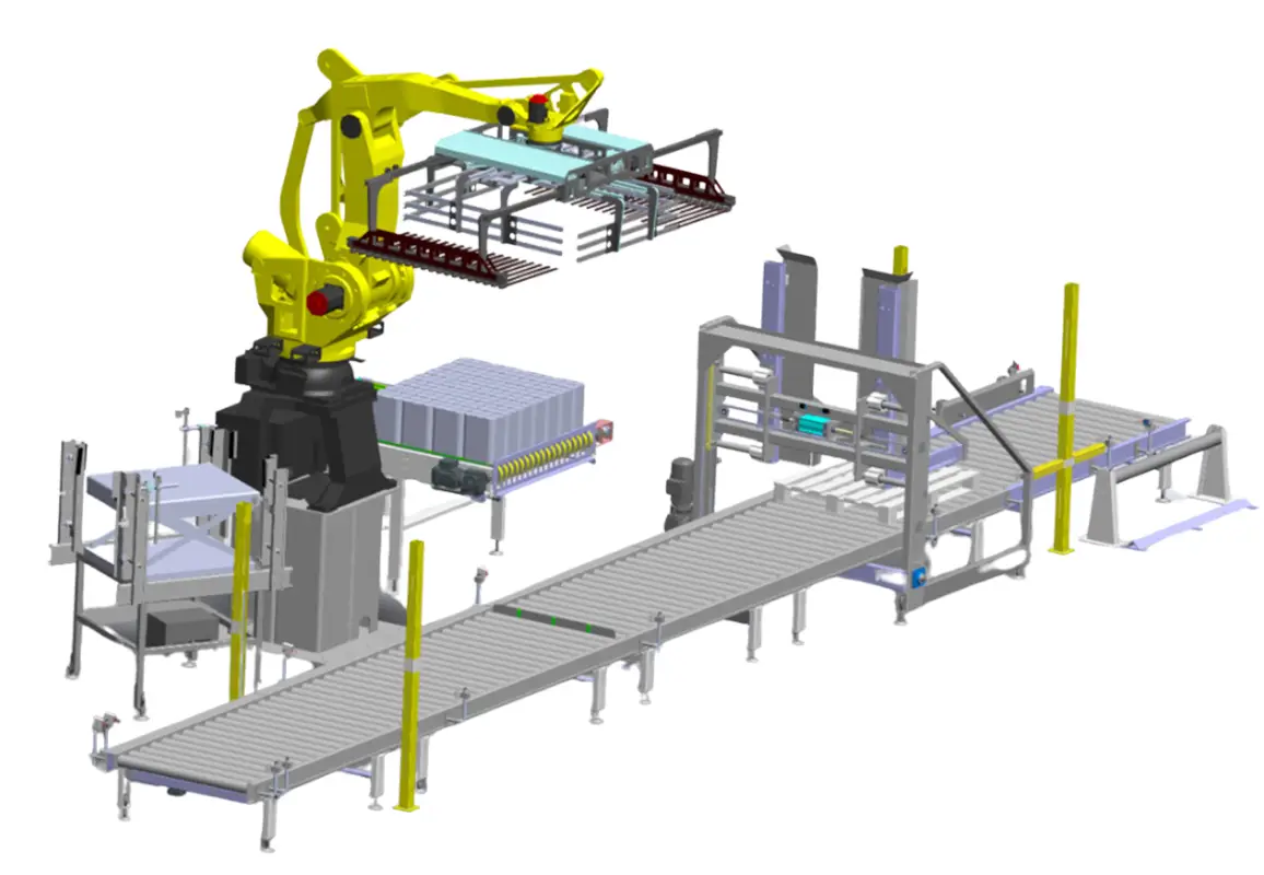 Pallettizzatore robotizzato a strato composto da un braccio robotico giallo dotato di pinza per la movimentazione di prodotti, con un sistema di trasporto a nastro e strutture metalliche di supporto. L'intera configurazione è progettata per organizzare e impilare prodotti su pallet in modo automatizzato ed efficiente.