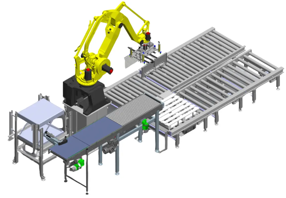 Pallettizzatore robotizzato con braccio meccanico giallo progettato per eseguire prese singole o multiple, dotato di pinza e sistema di trasporto a rulli. Include una linea di movimentazione con trasportatori modulari e struttura metallica per l'organizzazione automatizzata dei prodotti su pallet.