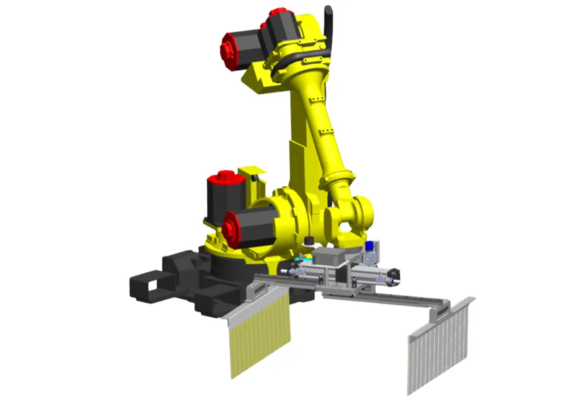 Rendering di un robot antropomorfo giallo progettato per la preparazione a strato, dotato di pinza per la movimentazione di prodotti. La struttura include componenti meccanici avanzati con motori rossi e una base robusta per operazioni di precisione nel settore del packaging industriale.