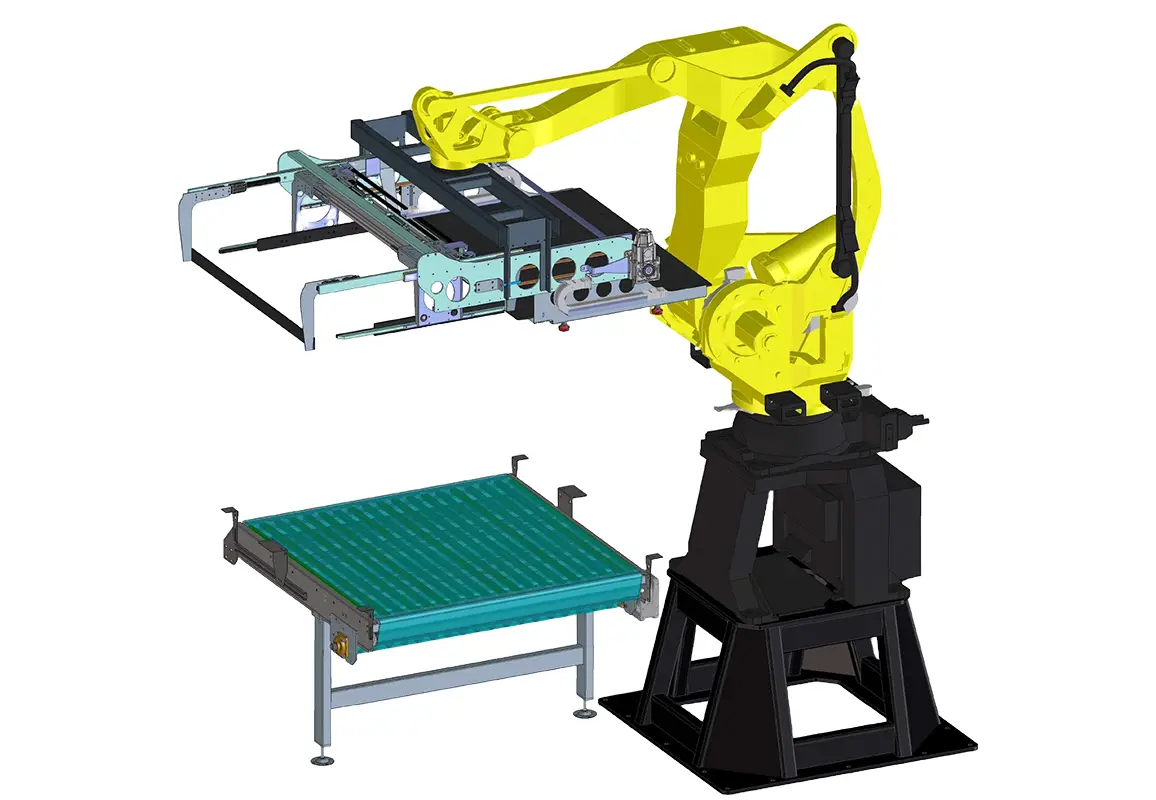 Illustrazione di un sistema robotico per automazione industriale nel packaging, con un braccio robotico giallo dotato di un'unità di presa e un trasportatore a rulli sottostante, progettato per operazioni di pallettizzazione o depallettizzazione.