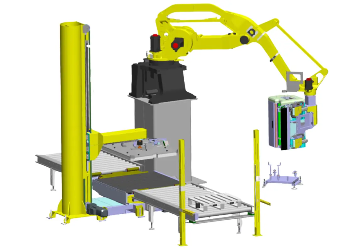 Rendering di un sistema di fasciatura con robot antropomorfo, caratterizzato da un braccio robotico giallo montato su una base rialzata, dotato di modulo per l'applicazione del film estensibile. Il sistema include trasportatori a rulli per la movimentazione dei pallet e una colonna verticale di supporto per operazioni precise di imballaggio. Strutture di sicurezza verticali completano l'unità, rendendola idonea per l'automazione industriale.