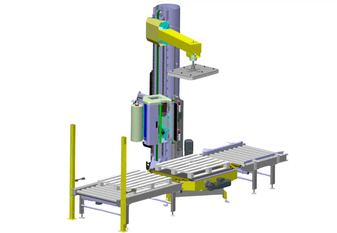 Rendering di un sistema di fasciatura con robot cartesiano, dotato di una struttura verticale con guida lineare per il movimento del braccio giallo. Il sistema include un modulo per l'applicazione del film estensibile, trasportatori a rulli per la movimentazione dei pallet e strutture di sicurezza verticali. Progettato per operazioni automatizzate di imballaggio e stabilizzazione dei carichi.