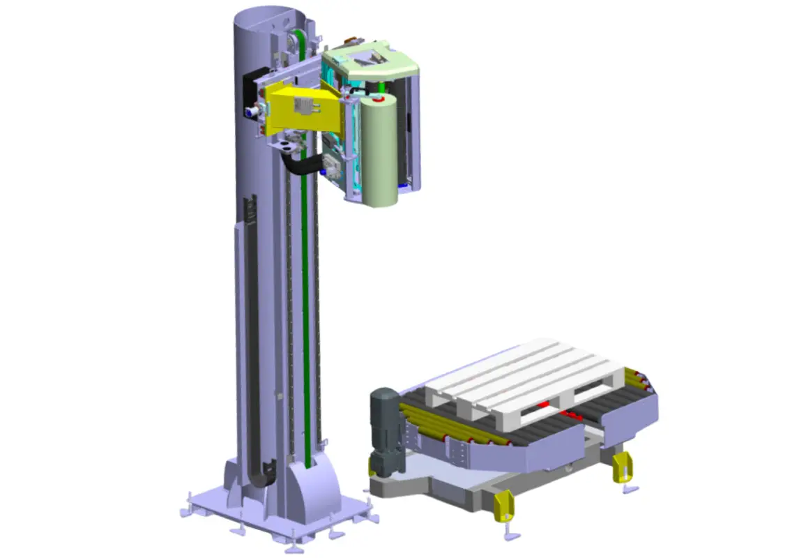 Rendering di un sistema di fasciatura con robot cartesiano, composto da una struttura verticale con guida lineare per il movimento del braccio meccanico. Il sistema include un modulo per l'applicazione del film estensibile e una base per il posizionamento di pallet, dotata di trasportatori a rulli per la movimentazione automatizzata dei carichi.