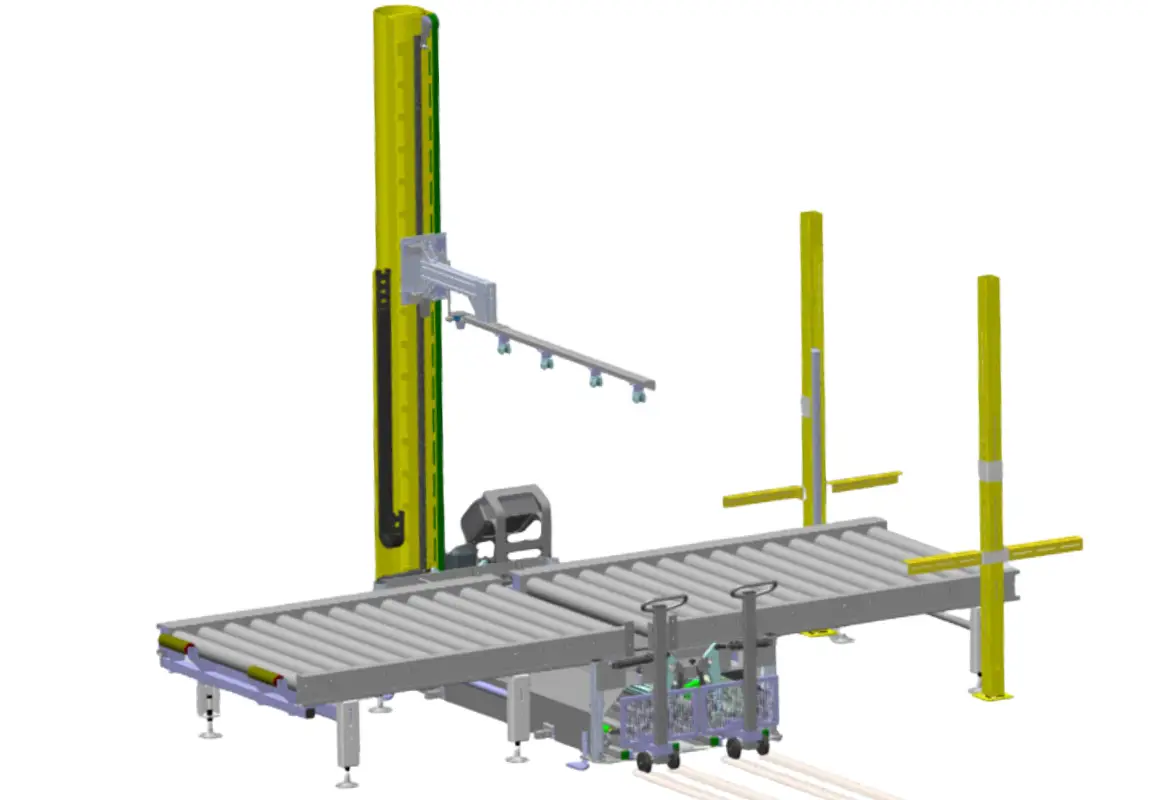 Rendering di un sistema metti-top, caratterizzato da una struttura verticale gialla con un braccio orizzontale per la deposizione di fogli o coperture sui pallet. Il sistema è integrato con trasportatori a rulli per la movimentazione dei carichi e include barre di sicurezza verticali per il supporto operativo. Progettato per garantire la protezione e la stabilità dei pallet durante il processo di imballaggio.