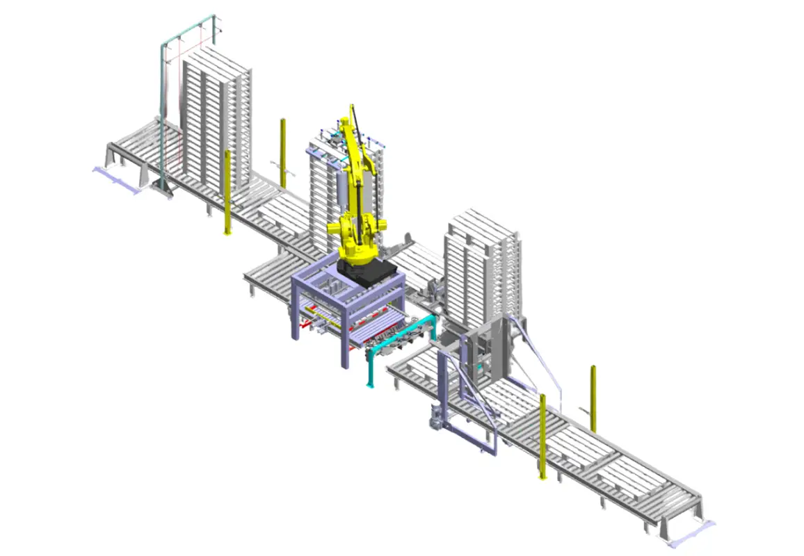 Rendering di un sistema automatico di controllo palette, dotato di un braccio robotico giallo montato su una base sopraelevata per la gestione delle palette. La configurazione include trasportatori a rulli su più linee per il movimento dei pallet, stazioni di accumulo e controllo, oltre a strutture verticali di sicurezza. Il sistema è progettato per automatizzare le operazioni di verifica e gestione dei pallet in ambienti industriali.