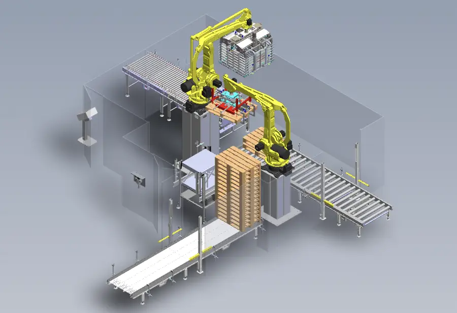 Rendering del sistema di pallettizzazione robotizzato DRAGONFLY per alte velocità, con doppio braccio robotico e carico simultaneo di pallet.