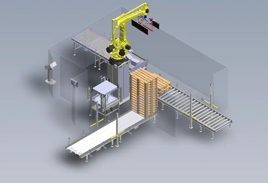 Rendering del DRAGONFLY configurato per basse velocità, con un unico braccio robotico che gestisce carichi su un nastro trasportatore.