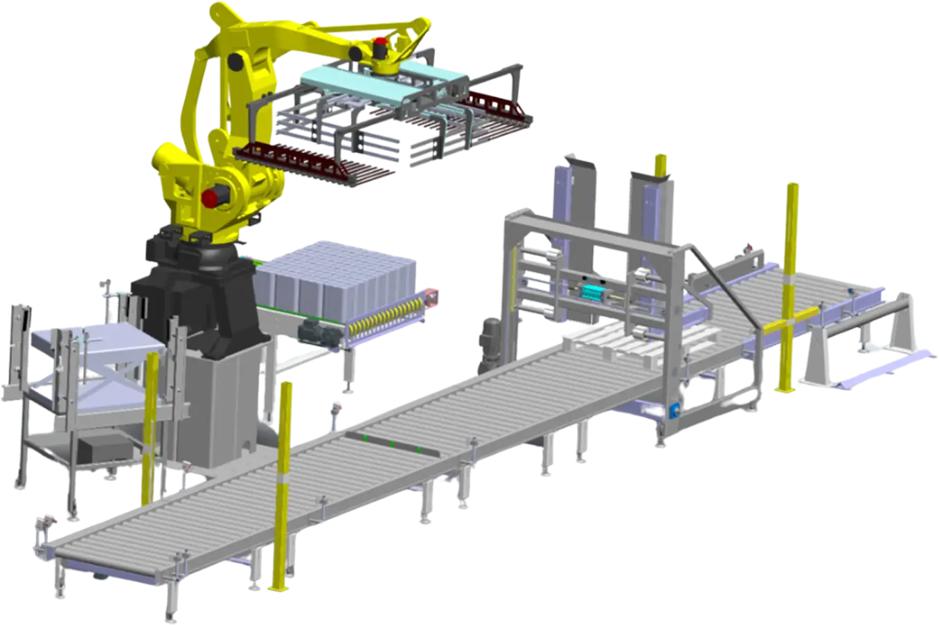 Rendering dettagliato del sistema DRAGONFLY che mostra la configurazione completa per la pallettizzazione robotizzata a strato in un ambiente industriale.