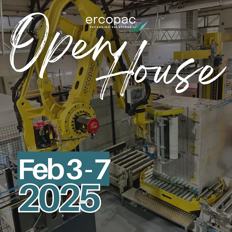 Robot industriale ERCOPAC durante un evento Open House, con focus sull'innovazione delle soluzioni per l'automazione nel packaging.