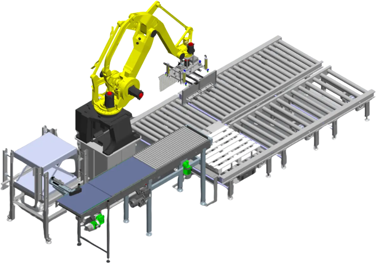 Illustrazione schematica del Robot Pallettizzatore LYNX con opzioni di configurazione della pinza e layout operativo.