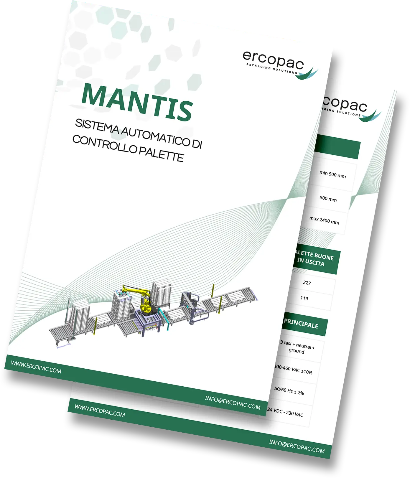 Scheda tecnica del sistema Mantis di Ercopac, che evidenzia le specifiche del controllo automatico delle palette per processi produttivi ottimizzati. sistema di controllo automatico pallet vuoti