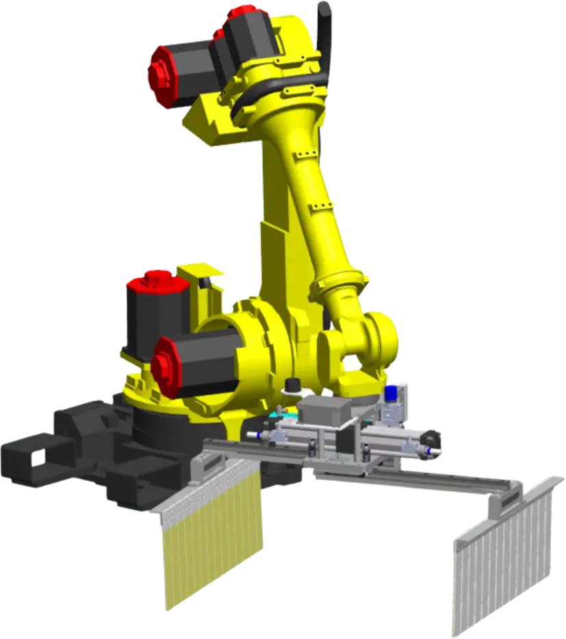 Rendering 3D di un robot antropomorfo per preparazione a strato con pinza specializzata per la movimentazione di prodotti a strato, rappresentato in uno scenario tecnico di simulazione.