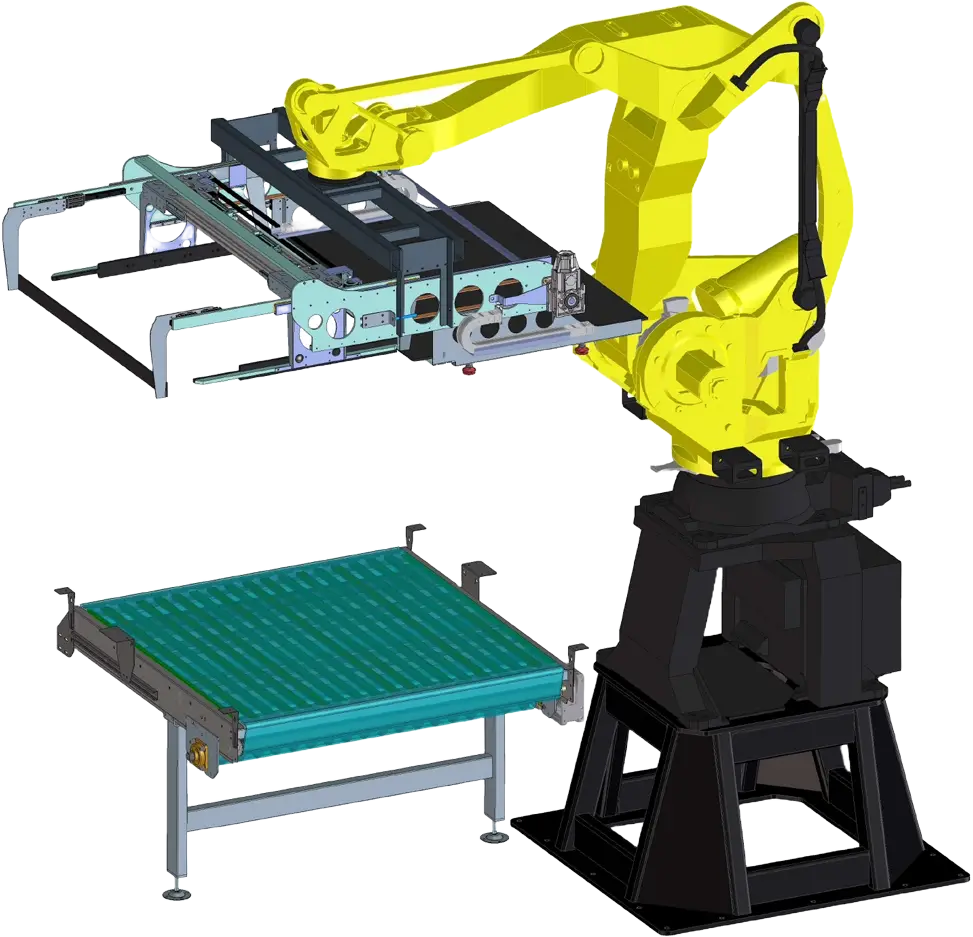 Illustrazione di un sistema robotico per automazione industriale nel packaging, con un braccio robotico giallo dotato di un'unità di presa e un trasportatore a rulli sottostante, progettato per operazioni di pallettizzazione o depallettizzazione.