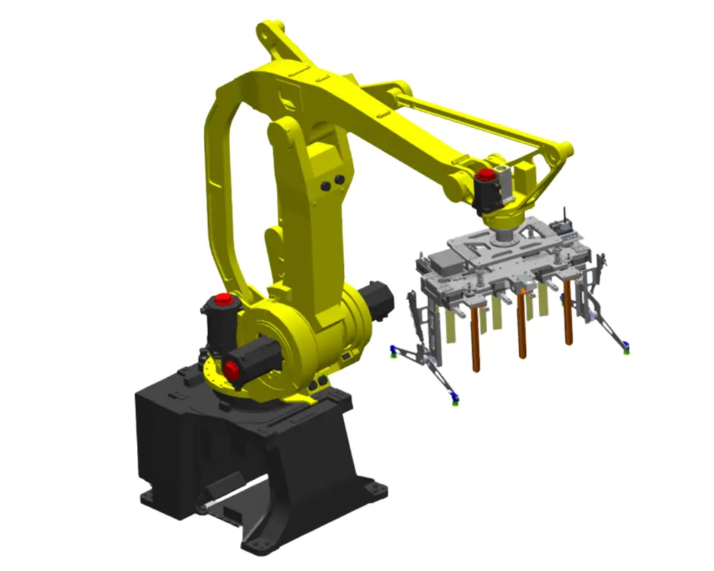 Rendering del pallettizzatore DRAGONFLY con una pinza progettata per la movimentazione di boccioni. Il sistema garantisce un'elevata sicurezza e stabilità durante le operazioni.