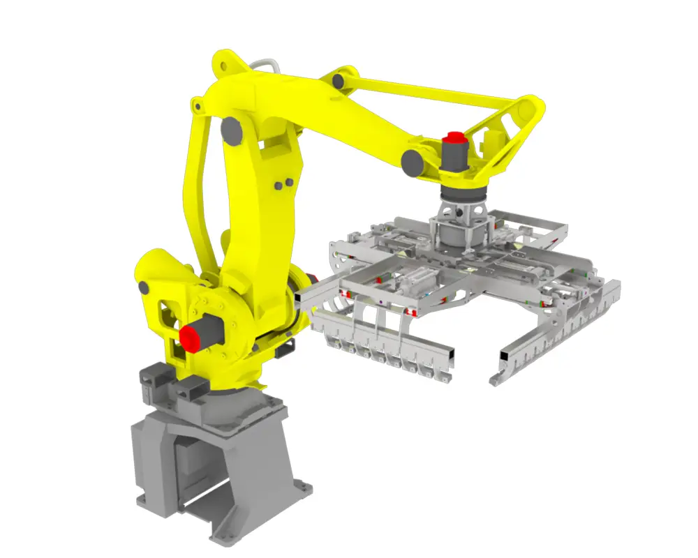 Rendering del pallettizzatore robotizzato DRAGONFLY dotato di una pinza per casse. La pinza è ottimizzata per garantire un pallettizzamento rapido ed efficace di casse di varie dimensioni.