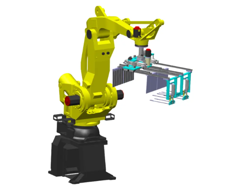 Rendering del sistema DRAGONFLY con una pinza per mezzo strato, ideale per applicazioni di pallettizzazione che richiedono precisione nella manipolazione di strati parziali di prodotti.