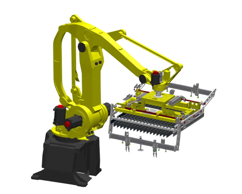 Rendering del pallettizzatore DRAGONFLY con una pinza specifica per la movimentazione di tubi. Il design assicura una presa sicura e la corretta disposizione dei tubi durante il pallettizzamento.