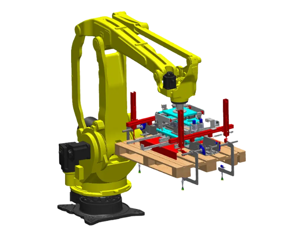 Rendering del pallettizzatore robotizzato DRAGONFLY dotato di una pinza Jolly per la movimentazione universale dei prodotti. La pinza è progettata per garantire precisione e affidabilità nella manipolazione di carichi diversi.