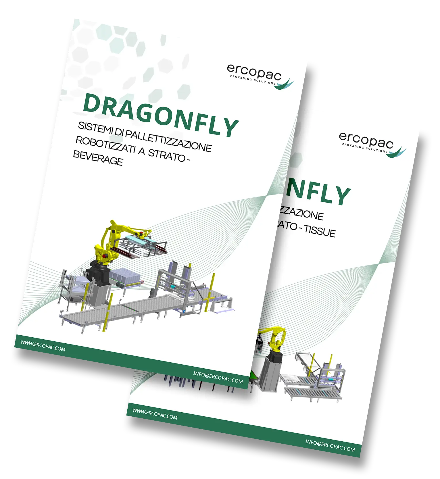 Brochure del pallettizzatore robotizzato DRAGONFLY, con informazioni sui sistemi di pallettizzazione a strato per i settori beverage e tissue.