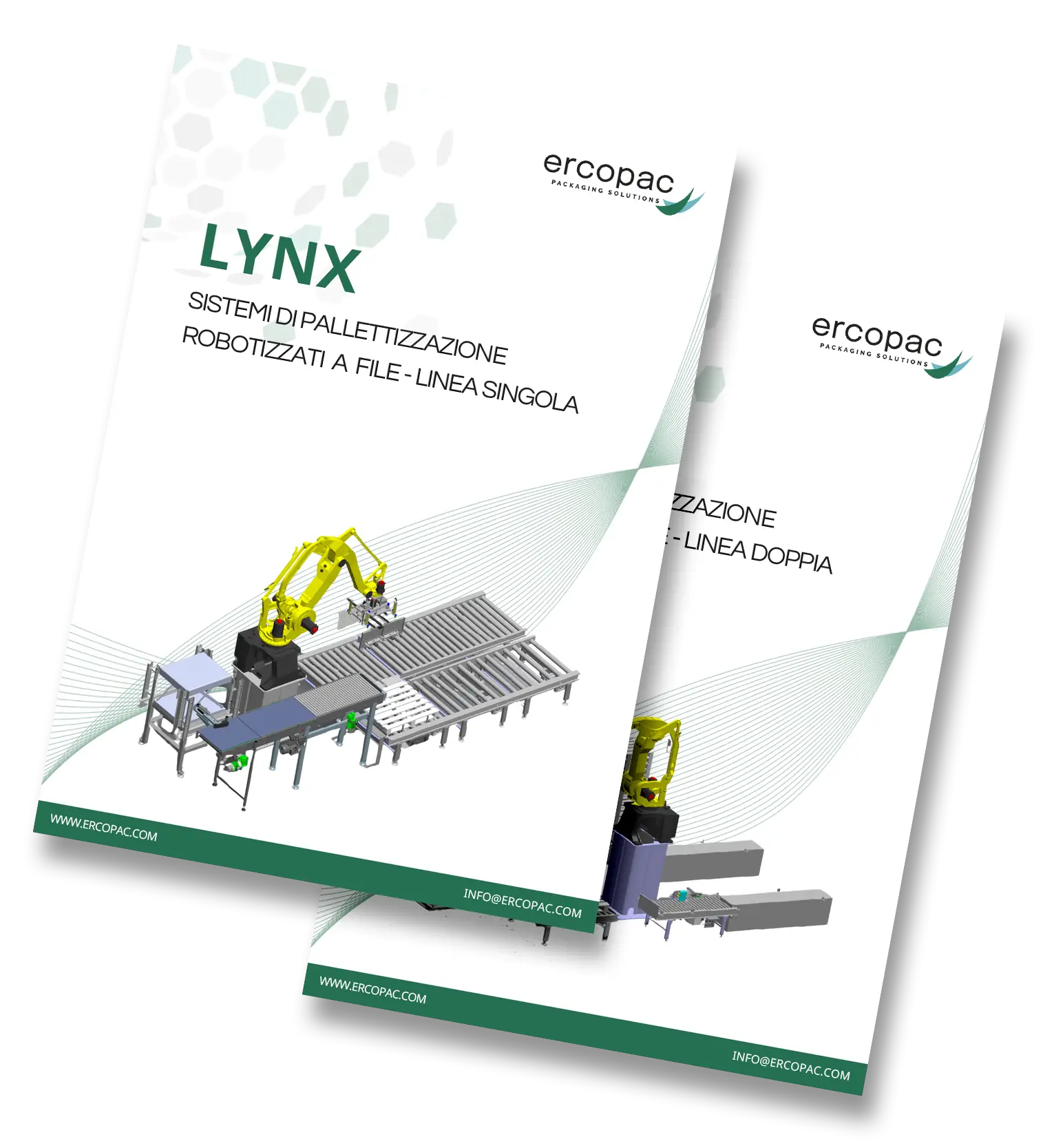 Brochure del robot pallettizzatore LYNX, con informazioni sui sistemi di pallettizzazione.