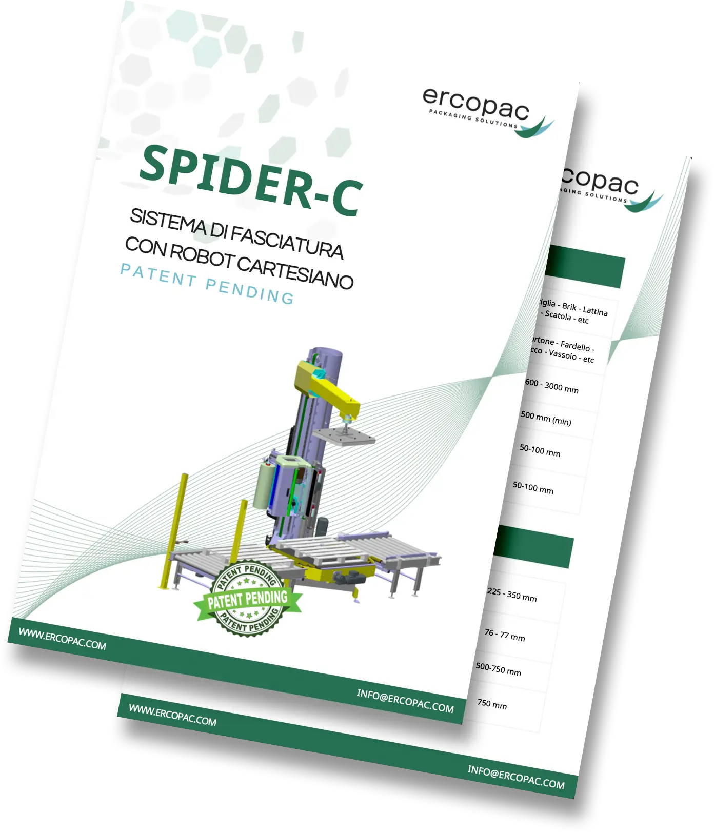 Immagine della scheda tecnica del sistema SPIDER-C con informazioni di configurazione e prestazioni.