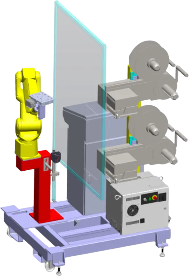 Rendering dell'intero sistema SCORPION con braccio robotico, stampanti doppie e pannello di controllo.