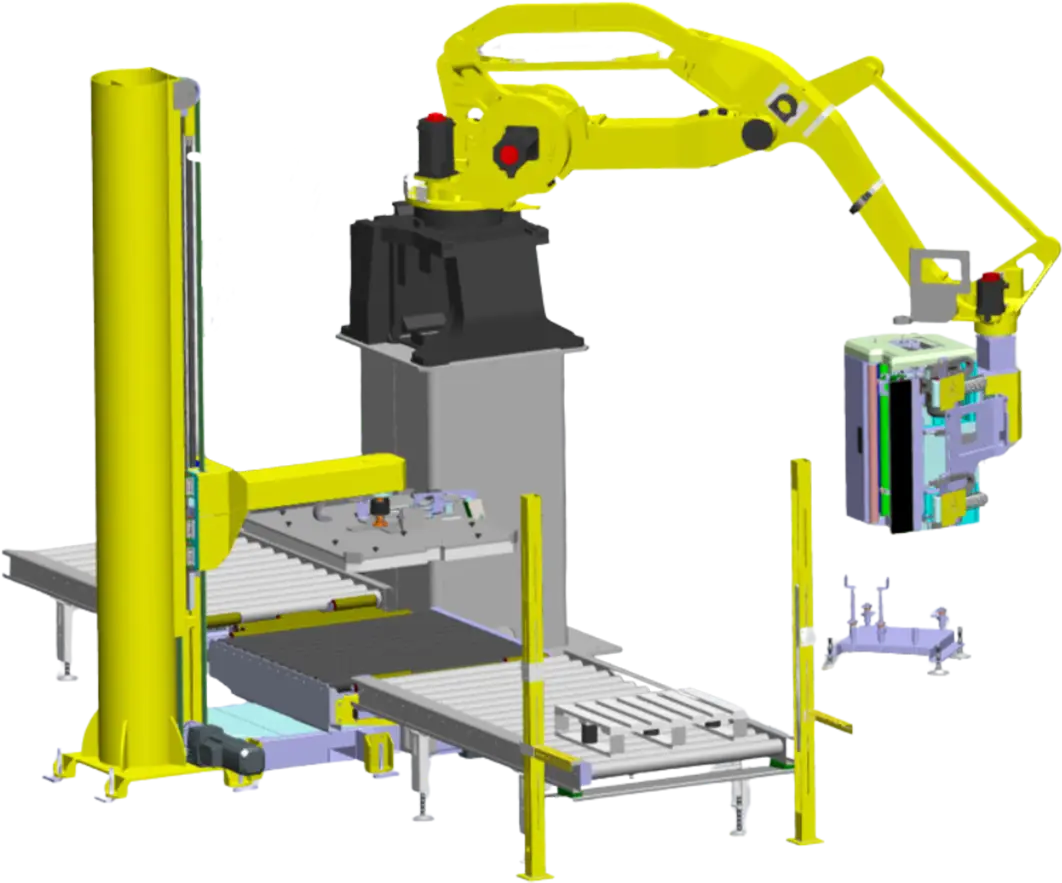 Rendering completo del layout del sistema Spider-R, inclusi robot antropomorfo, pressino e tavola rotante.