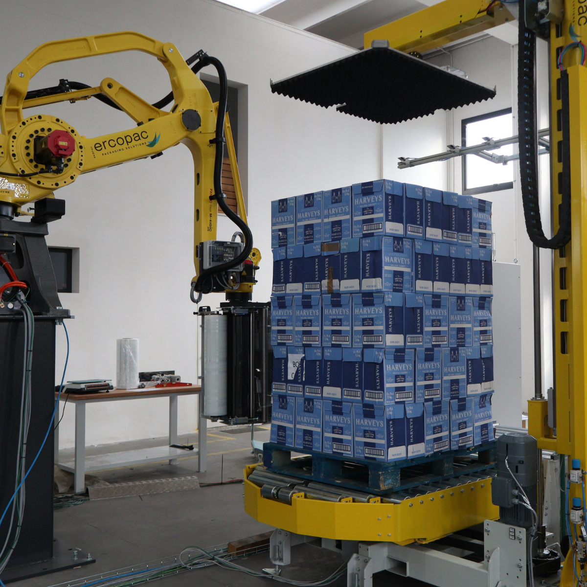 braccio robotico per fasciatura di carichi palettizzati