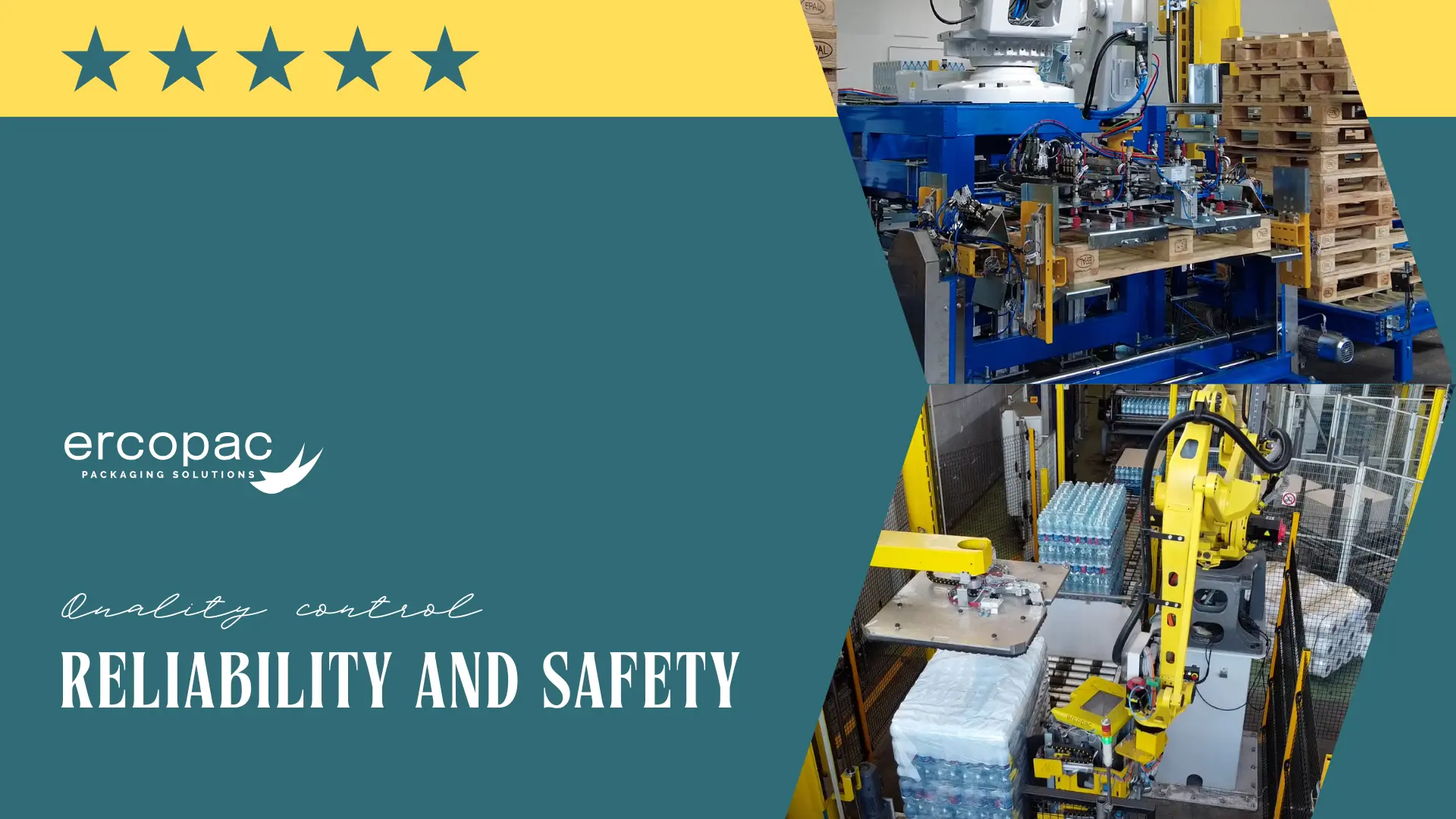 Cover image for Ercopac article “Quality Control: Reliability and Safety” featuring robotic systems for pallet inspection and automated wrapping.
