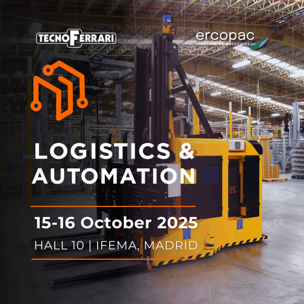 locandina di partecipazione di ercopac e tecnoferrari alla fiera logistics & automation 2025 a madrid