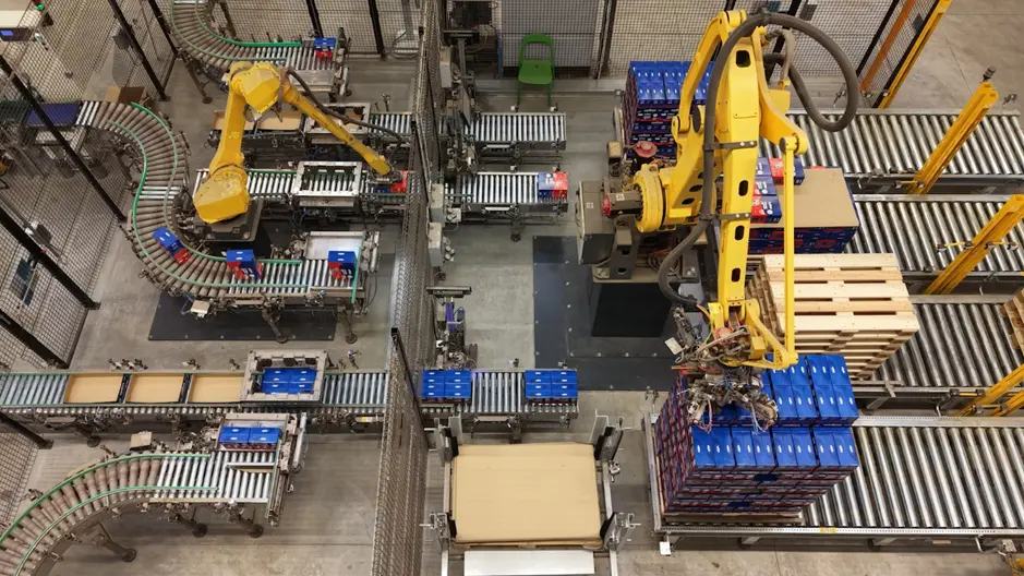 due isole di pallettizzazione robotizzata con nastri trasportatori e gestione automatica delle scatole